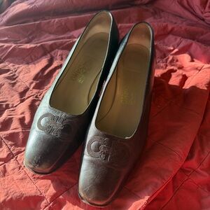 Vintage Salvatore Ferragamo Womens Brown Leather Block Heels Pumps Shoes Size 10